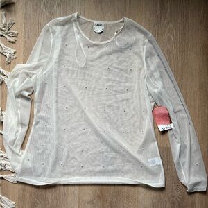 Altar'd State White Sheer Pearl-Embellished Long Sleeve Top